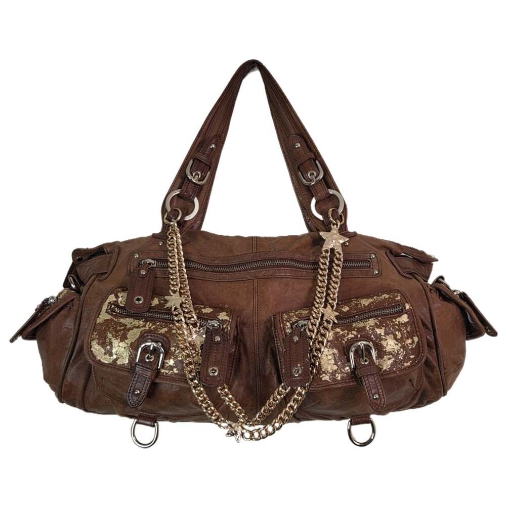 Custom Junior Drake Brown Genuine Leather Gold Foil Large Satchel Shoulder Bag